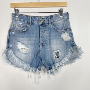 Zara Womens Size 2 Denim Floral Painted Ripped Fray Hem Shorts Distressed Booty
